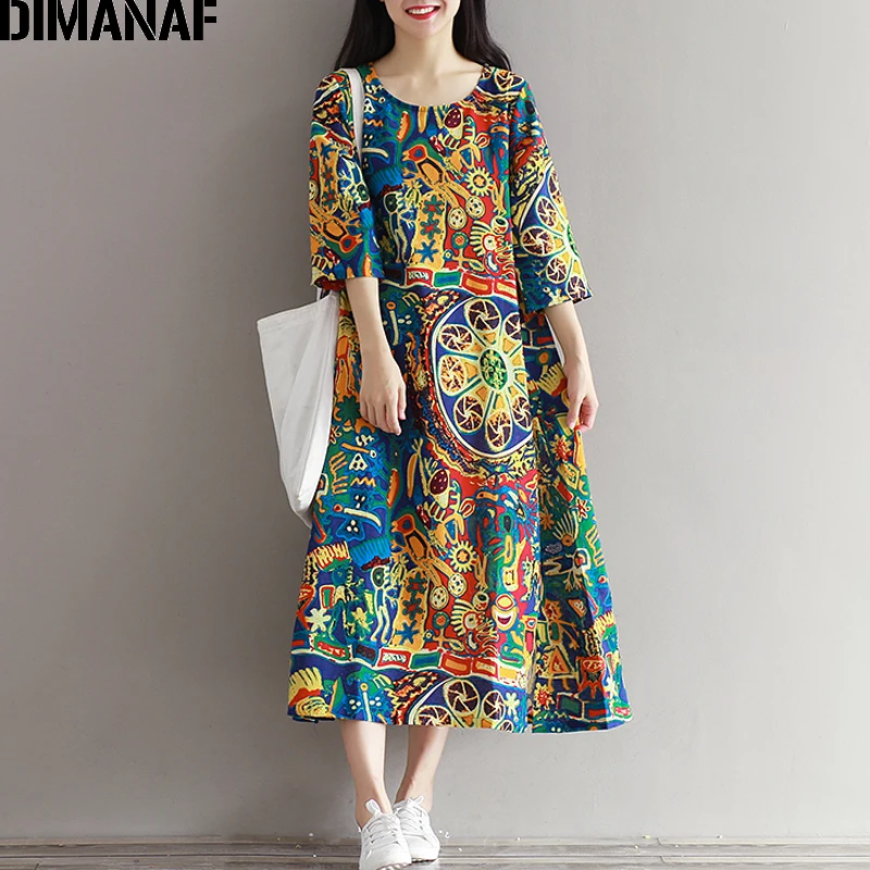 

DIMANAF Autumn Dress Women Clothing Bohemian Oversize Loose Vintage Elegant Lady Long Dress Cotton Linen Casual Floral Printing