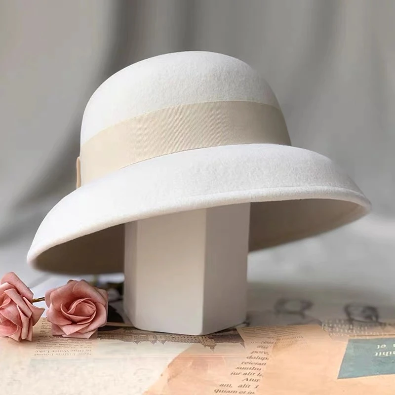 

2022 New Formal Hats Winter Pure 100% Wool Felt Bowknow Fedora Hat White Cap Wool Mother Gift Lady Top Grade Wedding Banquet
