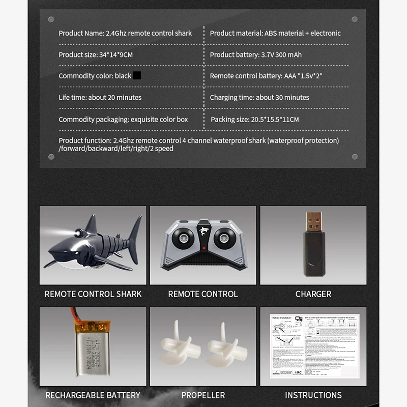 

2.4G 4 Channel High Speed Remote Control Boat Simulation Shark Boat with Light Effects Underwater Game Toys