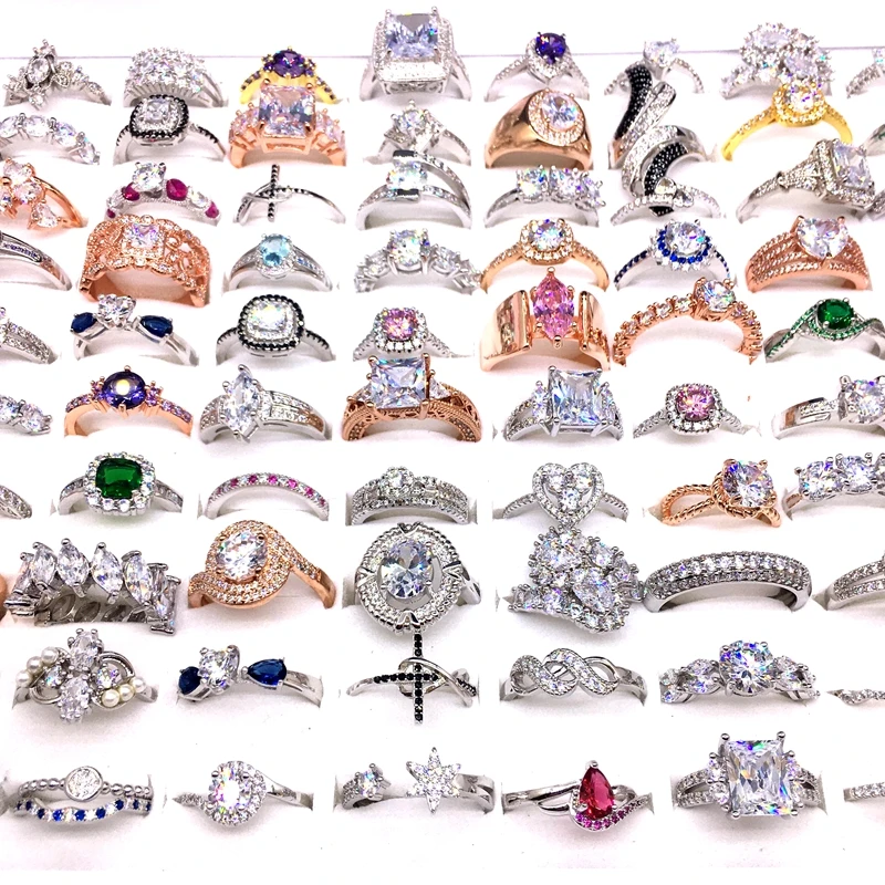 

MixMax 25pcs/Lot Womens Rings Golden Silver Plated Rhinestone Zircon Luxurious Shining Wedding Bands Jewelry Variety of Styles