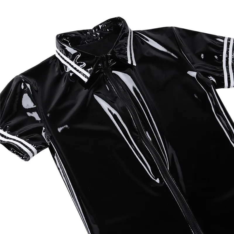 Mens Wet Look Patent Leather Nightclub Wear Short Sleeve Front Zipper Boxer Briefs Leotard Bodysuit Lingerie Male Night Jumpsuit | Спорт и