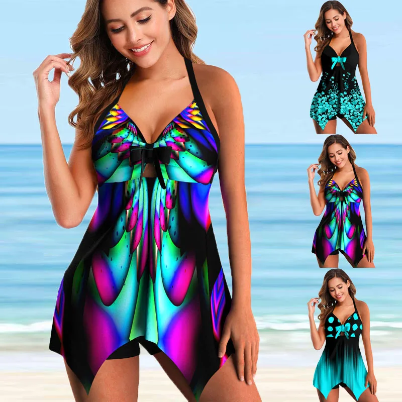 Plus Size Two Pieces Swimsuits Swimwear Women Print Summer Large Bathing Suits Tankini Beachwear Sexy Backless Bikini Swimdress