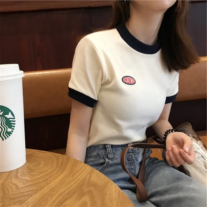 

Women's Short-Sleeved T-shirt Summer 2021new Design Sense Niche Hot Girl Pure Cotton Short Top with High-Waisted Trousers Ins