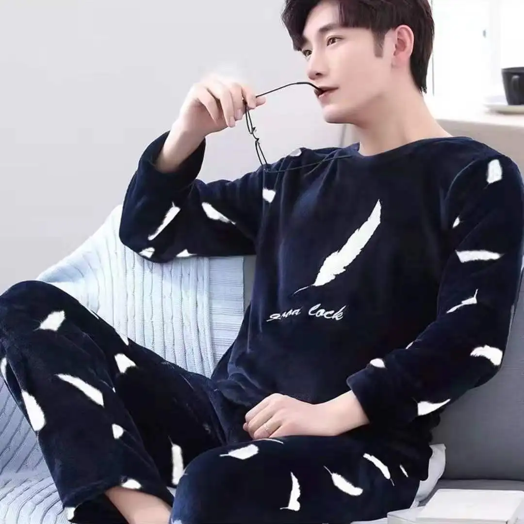 Coral Fleece Pajamas Sets For Men Thick Warm 2 Piece/Set Lounge Sleepwear Plus Size Soft Nightwear Homewear Home Clothes
