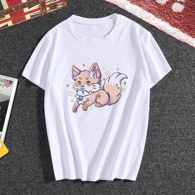 

Lus Los Women's T Shirt Summer O-neck Casual White Fox Print Harajuku T-shirts Female Kawaii Streetwear Cute Comfortable T-shirt