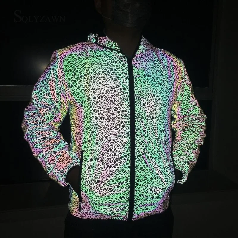 Женская Мужская уличная 3D полосатая цветная Радужная Светоотражающая куртка