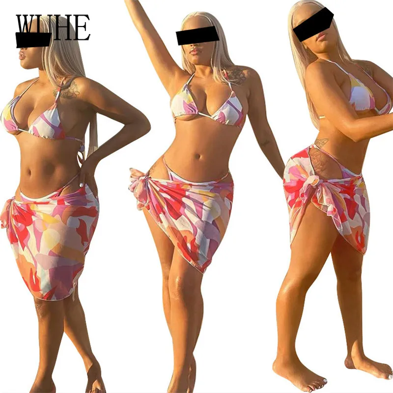 

Комплект бикини KEXU из 3 предметов с принтом, бюстгальтер с открытыми плечами и бретелькой через шею, привлекательная мини-юбка со шнуровкой ...