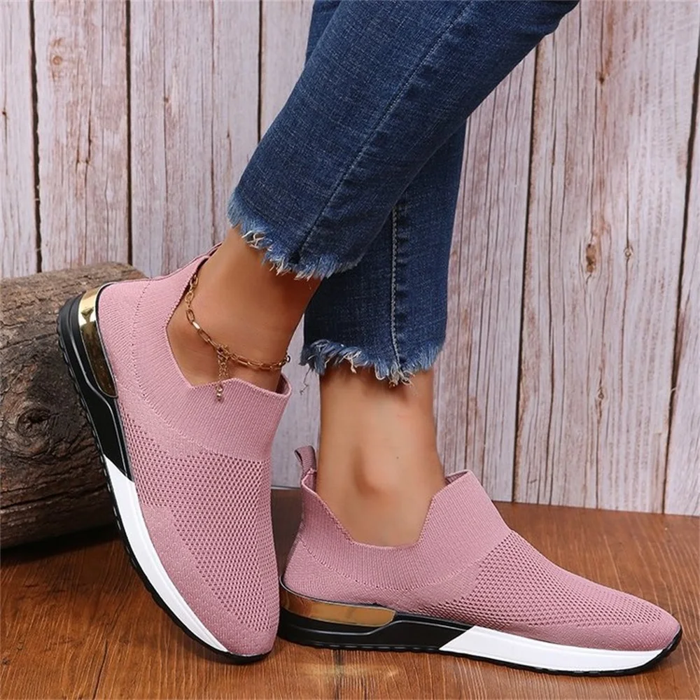 

Кроссовки женские на плоской подошве, вязаные удобные лоферы, без застежки, повседневная спортивная обувь для бега и прогулок, большие разм...