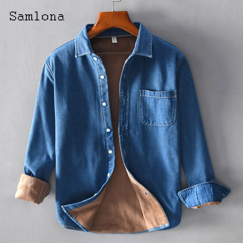 

Samlona Plus Size Men Fashion Thick Plush Shirts 2021 Winter Velvet Blouse Lepal Collar Basic Tops Streetwear Male Demin Wear