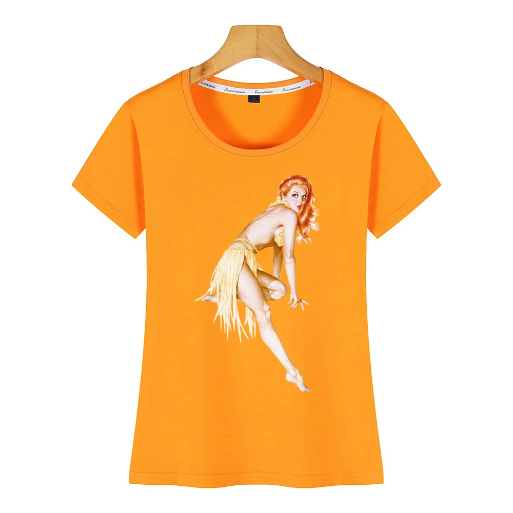 Топы Футболка Для женщин ретро стиле пин-ап для девочек красный темно-бежевый