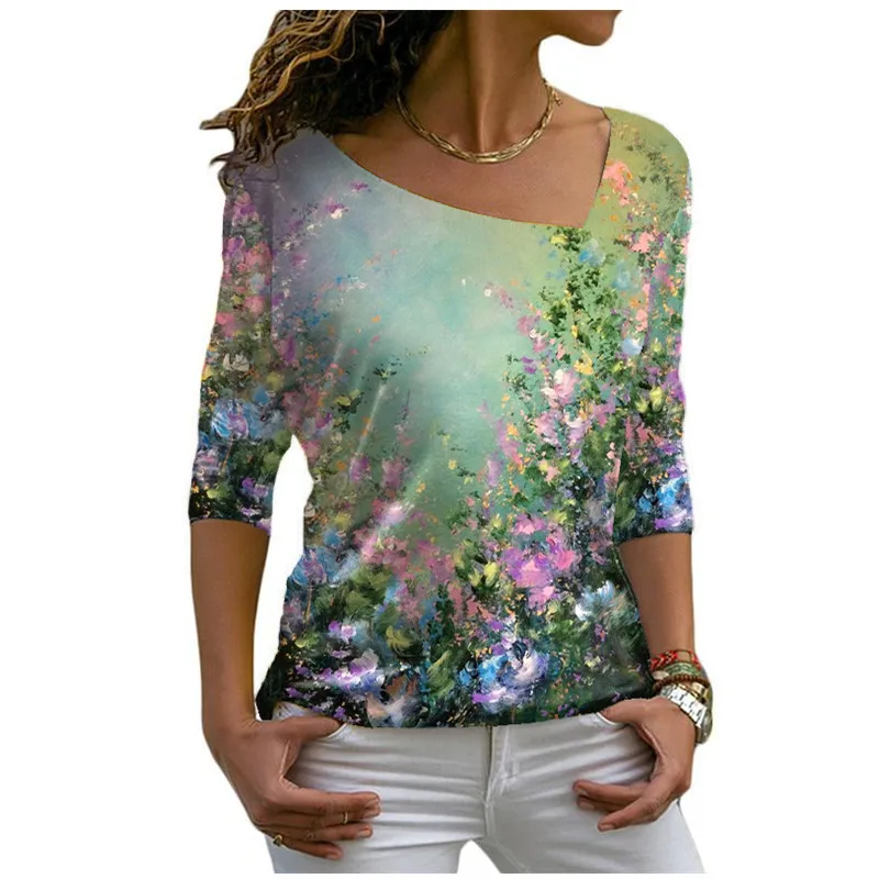

New Fashion Flower Print T-shirt Women Casual Long Sleeve Skew Collar Top Street Loose Cotton T Shirt 2021 Autumn Winter Clothes
