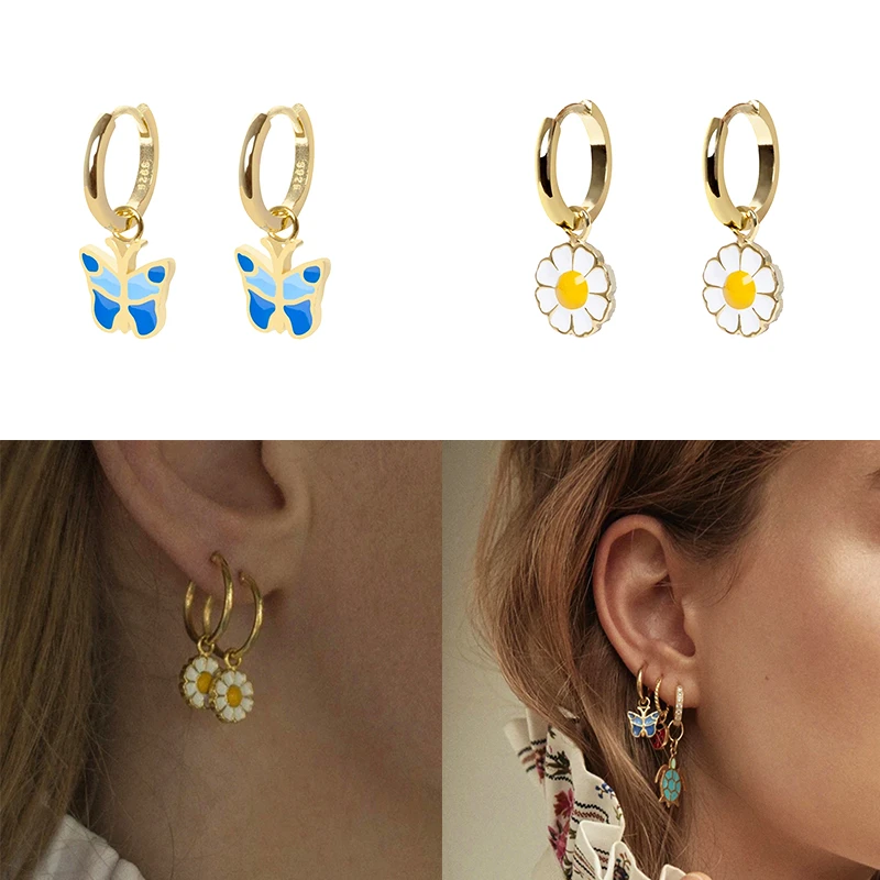 

Luxury Love Heart Butterfly Flower Pendant Circle Earrings for Women Dripping Oil Huggie Hoop Earring Jewelry orecchini donna