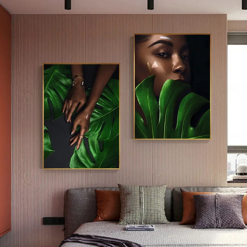 

Modern Nude Girl with Leaf Canvas Painting Black Women Lip Posters Prints Cuadros Wall Art for Living Room Home Decor (No Frame)