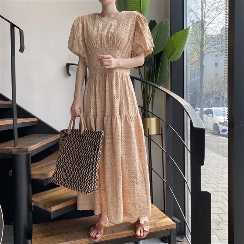 

Runway Summer Hollow Out Dress Women O Neck Slim Puff Sleeve Yellow Dresses For Femal Elegant Long Dress Mujer Vestidos 2021