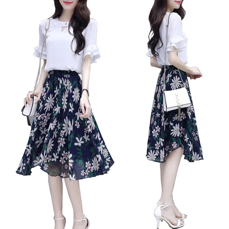 

Women Summer Chiffon Skirt Suit 2021 New Ladies French retro Skirt Two-Piece Set Lady Elastic Waist Skirt 2 Piece Set With Lined