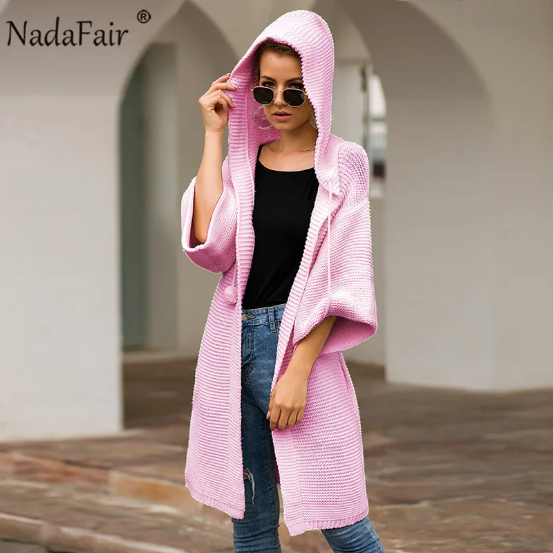 Nadafair, толстый зимний вязаный длинный кардиган, женский, плюс размер, однотонный, Повседневный, ленивый, красный, розовый, белый, с капюшоном, больше размера d, свитера для женщин - Цвет: Розовый