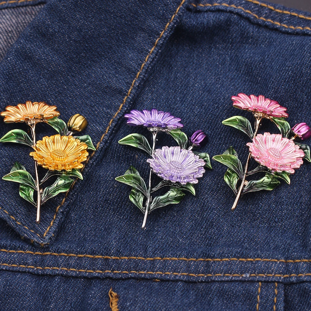 Красивая эмалированная брошь в форме цветка маргаритки с хризантемой 3 цвета