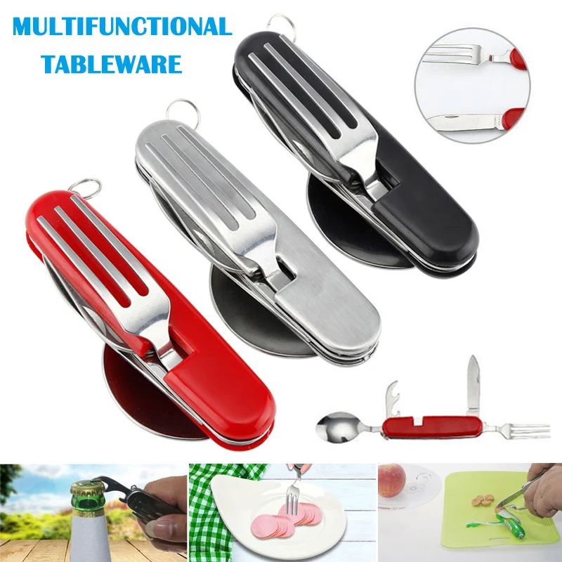

4 в 1 многофункциональные столовые приборы Складная ложка из нержавеющей стали вилка Резак открывалка для бутылок для кемпинга YA88