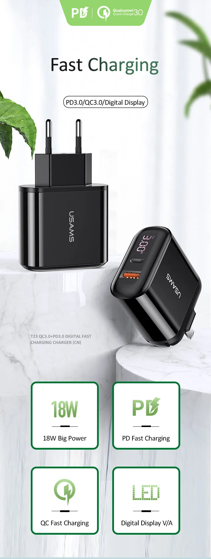 USAMS 18 Вт PD зарядное устройство 3,0 USB зарядное устройство 3A Быстрая зарядка EU US вилка адаптер настенное зарядное устройство для мобильного телефона для iPhone x samsung S10