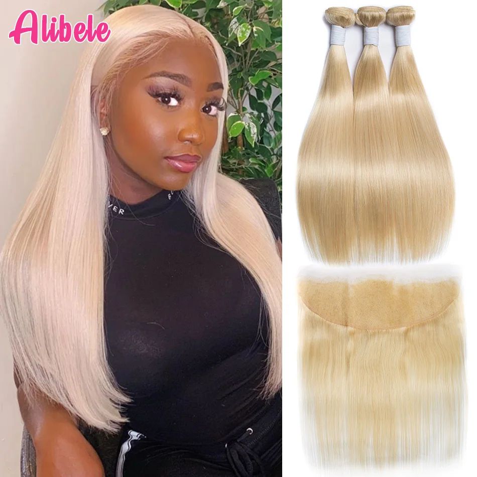 ALIBELE волос 613 прямые волосы пряди с закрытием блондинка комплект 13x4 уха до