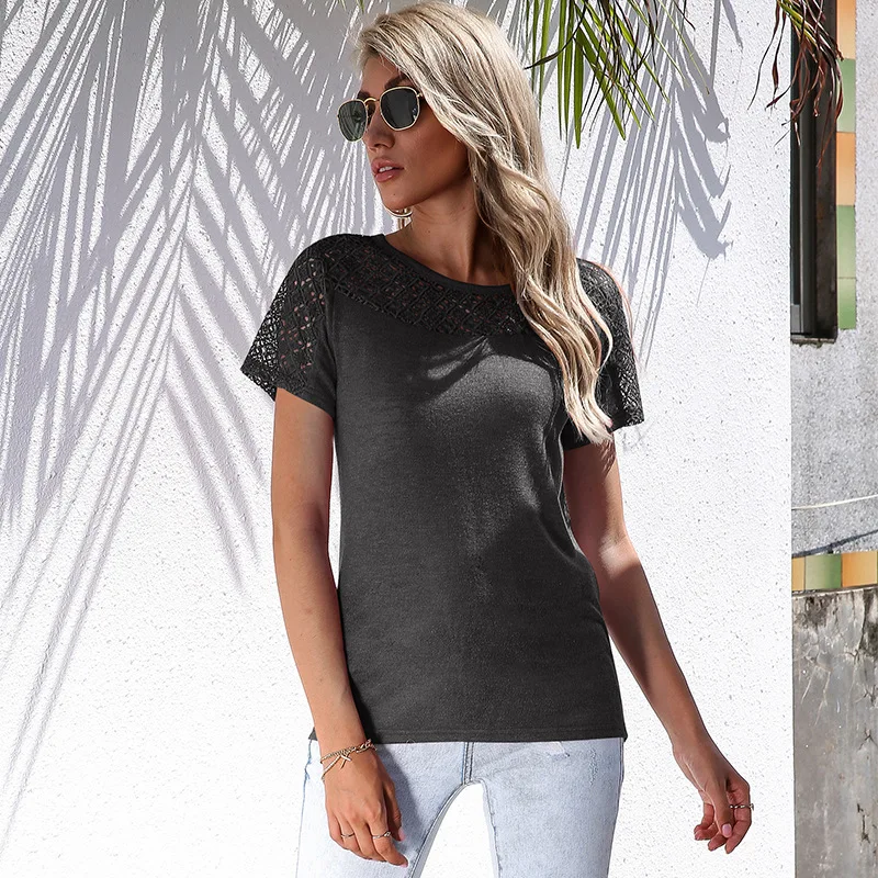 

Summer Fashion Round Neck Crochet Hollow Out Solid Casual Short Sleeve T-Shirt 1671fashion