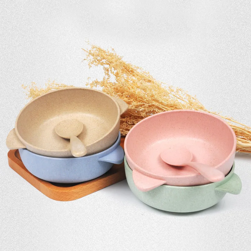 

2pcs Baby Feeding Tableware Set Eco-Friendly Wheat Straw Infant Plate Children Dish Dinnerware Kids Anti-hot Training Bowl+Spoon