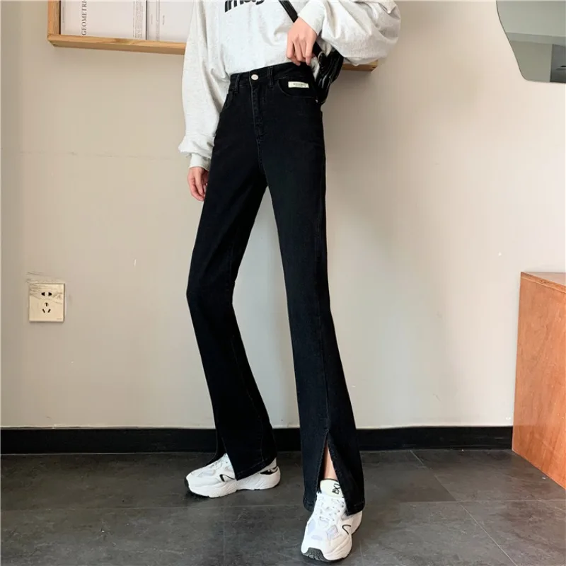 

Jeans for Women Spring 2021 New Korean Style Chic High Waist Slimming Drooping Wide Leg Pants Split Flared Trousers