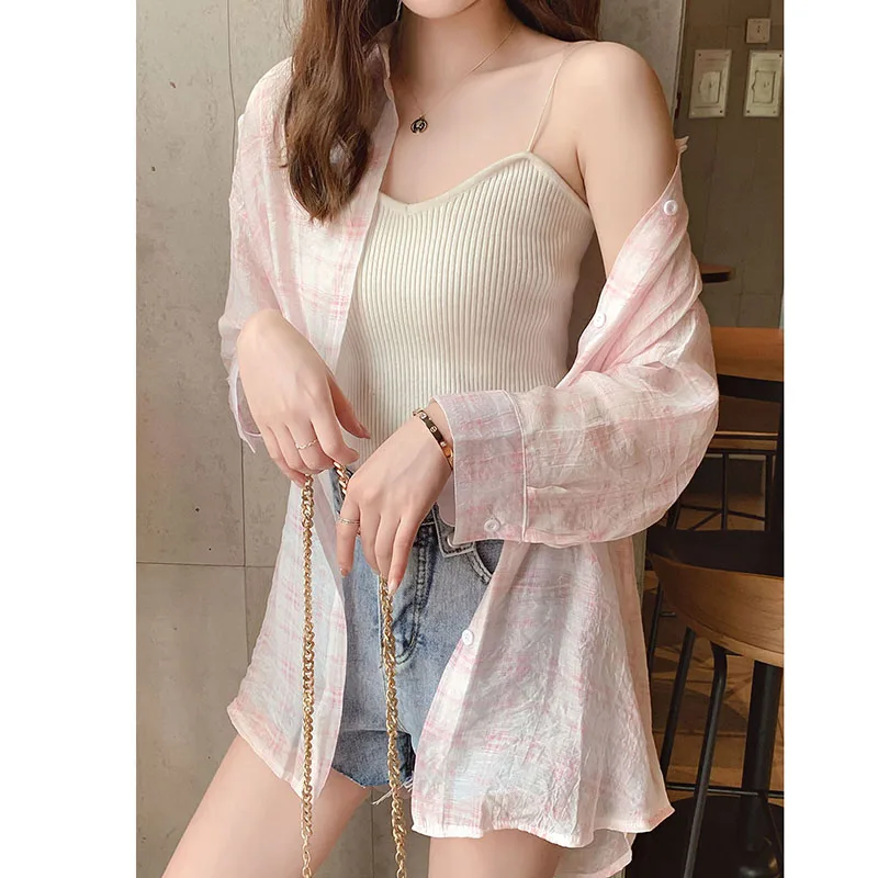 Летние женские однобортные клетчатые свободные рубашки Защита от солнца блузки