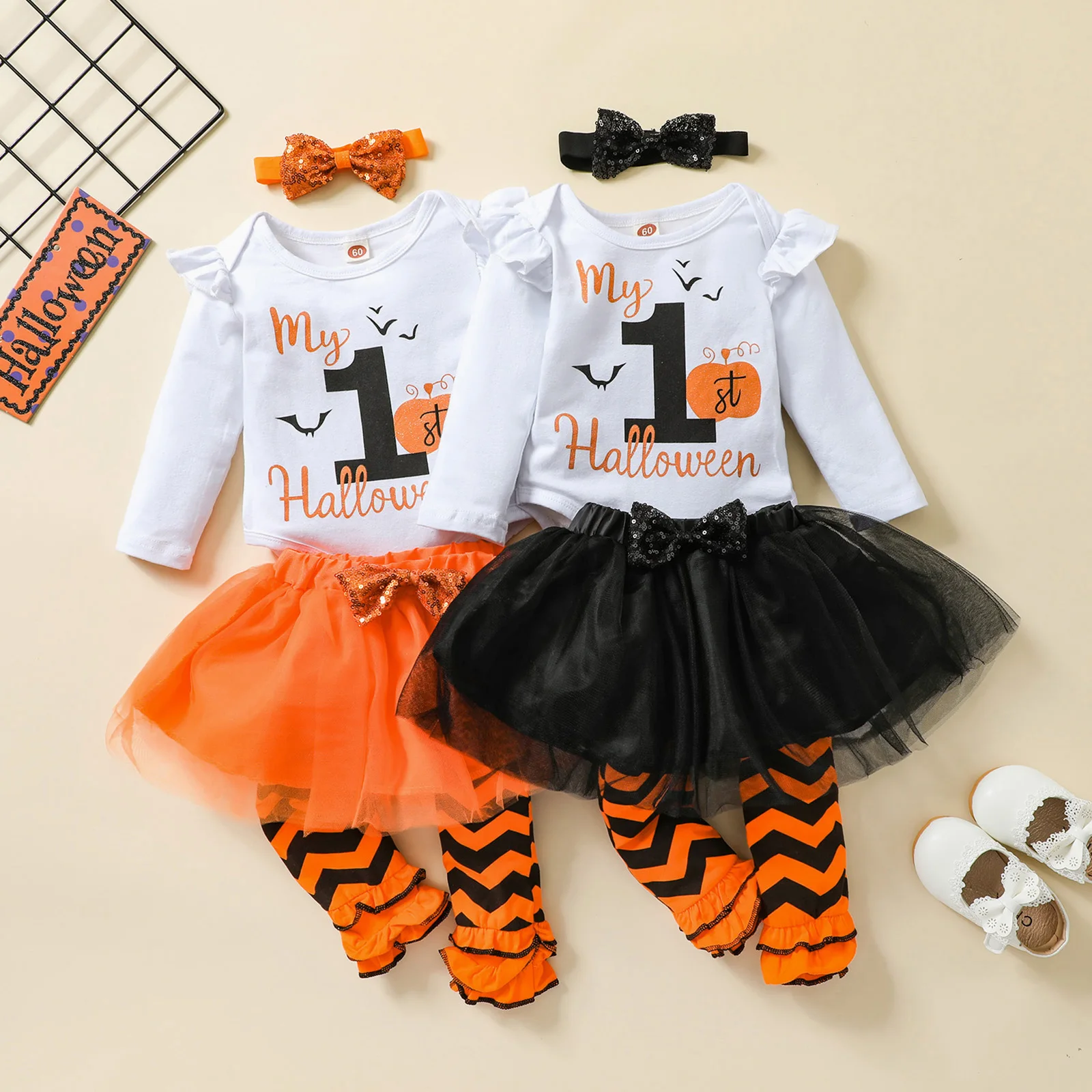 

OPPERIAYA 4Pcs Toddler My 1st Halloween Outfits Letters Long Sleeve Bodysuit Tutu Skirt Leg Warmer Bow Headband for Baby Girls