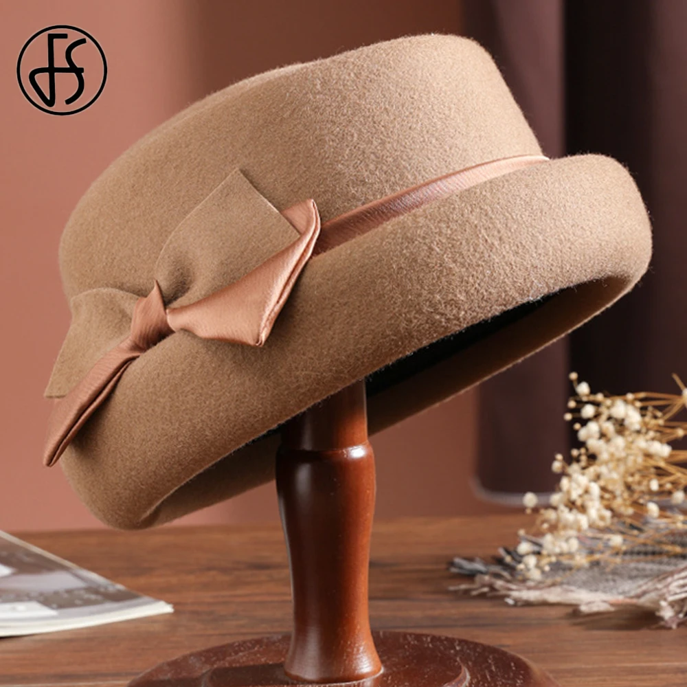

FS Socialite Basin Wool Felt Fedora Hats For Women Winter Warm Church Cloche Derby Hat Fedoras Bowler Cap With Bowknot Ribbon