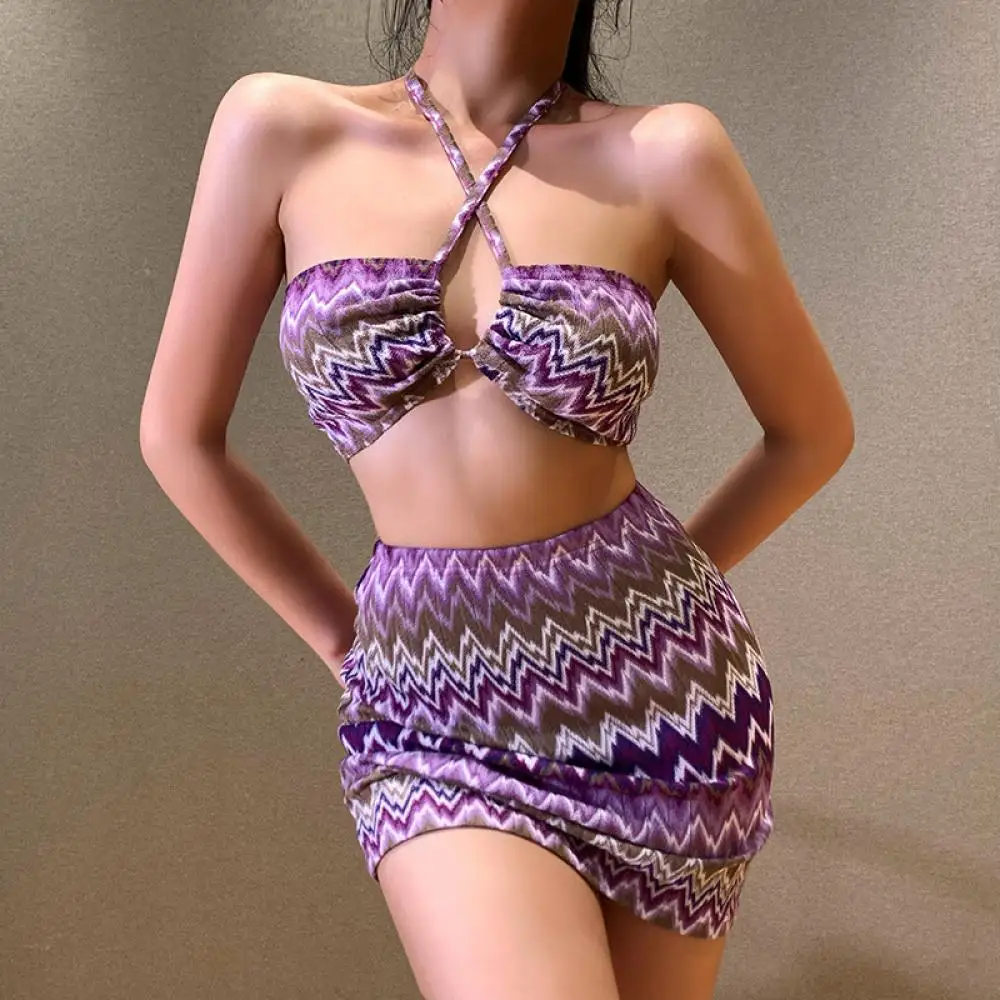 

2 Piece Skirt Set Sling Sexy Fashion Vest Bikini Woman Swimwear Backless Printed Women Clothing Summer Sets 2021