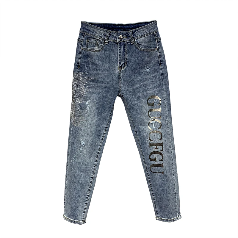 

European Fashion Jeans Women 2019 New Spring Fall Slim Rhinestones Letters High Waist Skinny Pencil Pants Stretch Denim Trousers
