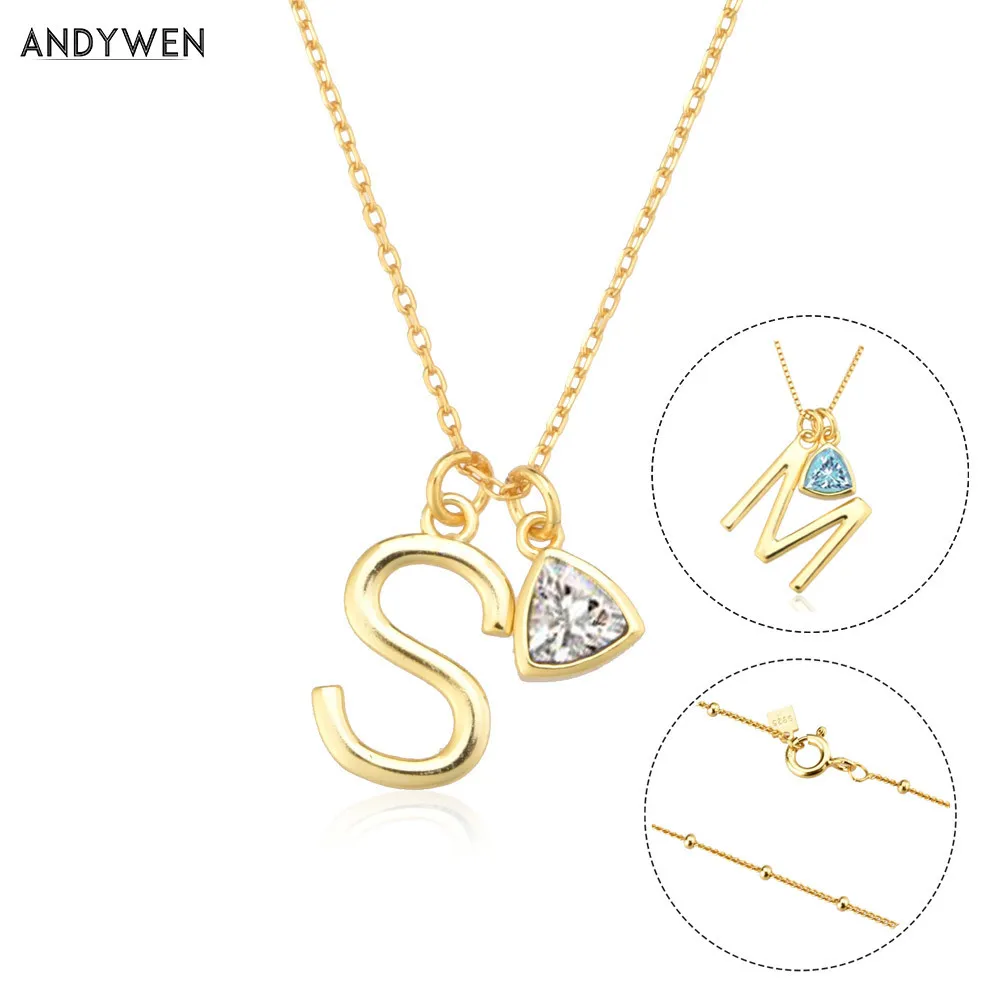 

ANDYWEN 925 Sterling Silver Gold Initial & Birthstone Charm Necklace Accessories Long Chain Letter Zircon Pendant Jewelry Women