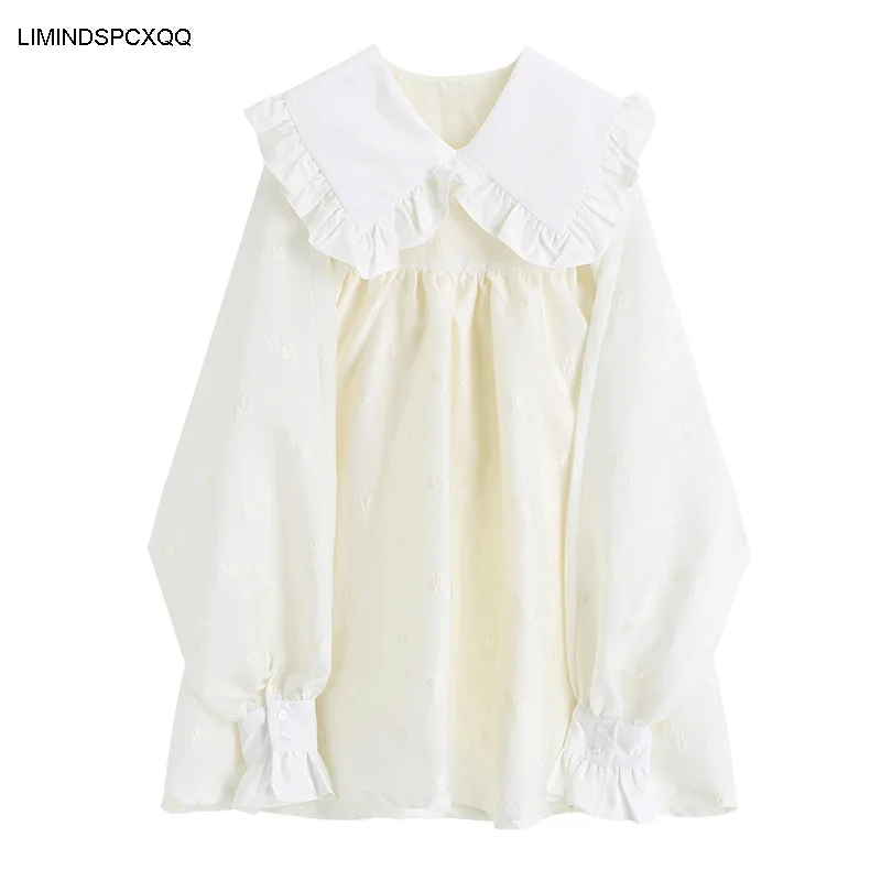 

Женское платье с воротником «Питер Пэн», белое платье в литературном стиле, однотонное свободное платье в Корейском стиле девушки из леса с длинным рукавом, весна-осень 2021