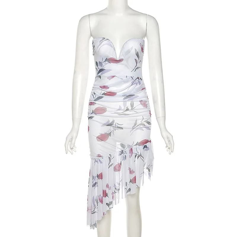 

BOOFEENAA Floral Print Mesh Bodycon Dresses for Women 2021 Party Club Vacation Outfits Irregular Ruffle Hem Tube Dress C83-CB18