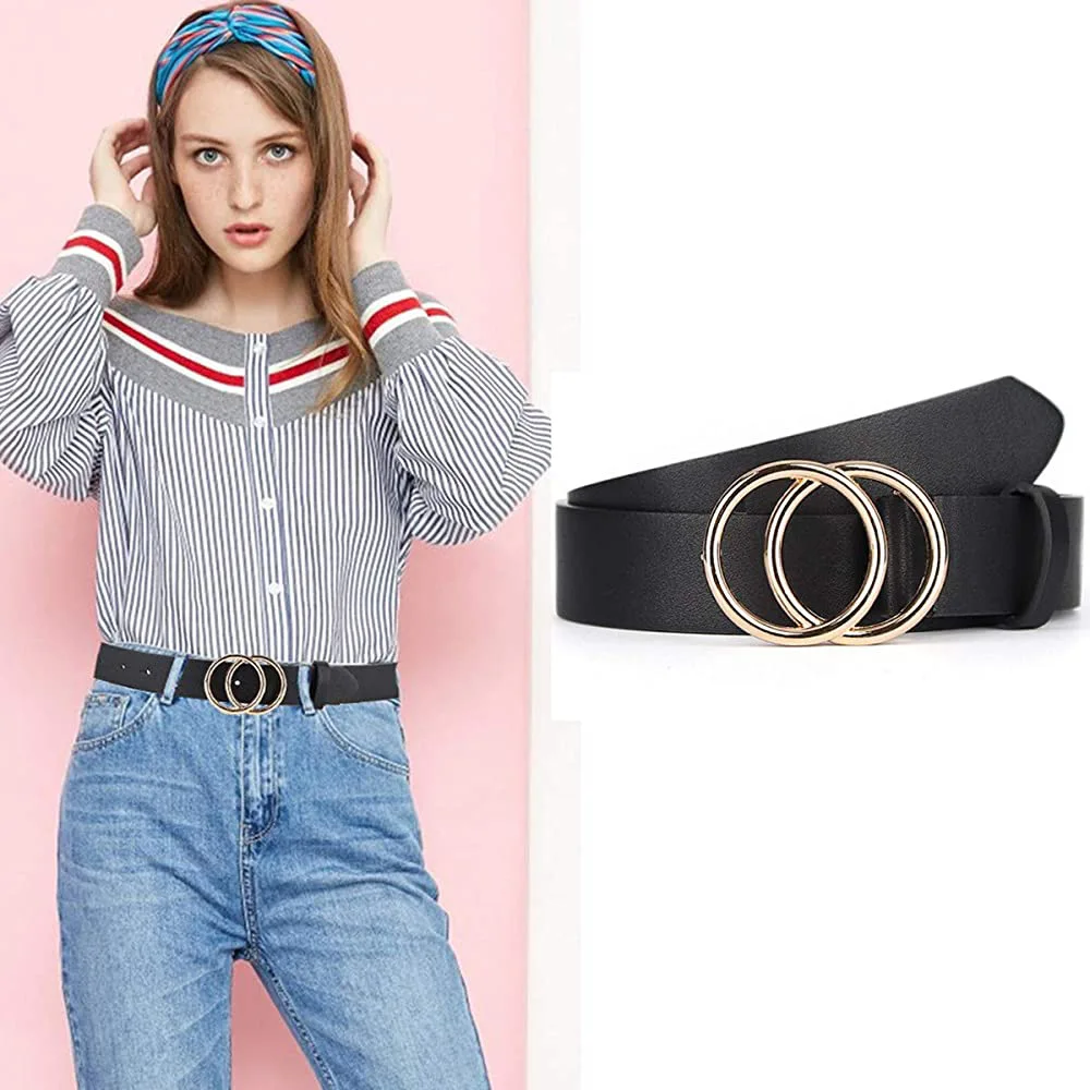

Double Round Buckle Women's Leisure Belt Fashion Dress Female Retro Buckle head Slim Waist Belt Wear On Any Occasion