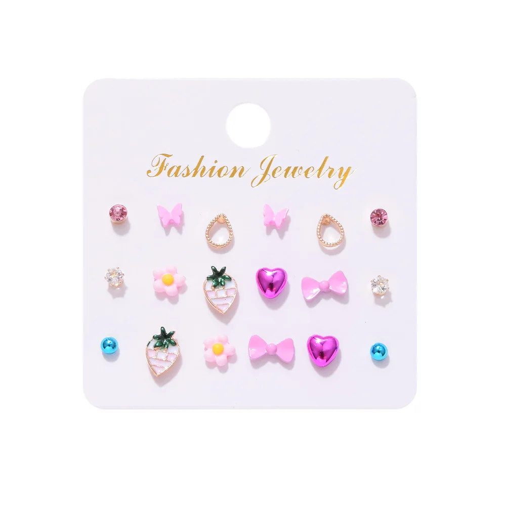 

New Arrivals Korean Tiny Studs Cute Bowknot Heart Donut Strawberry Mixed Styles Pink Earrings for Women Girls Party Birthday