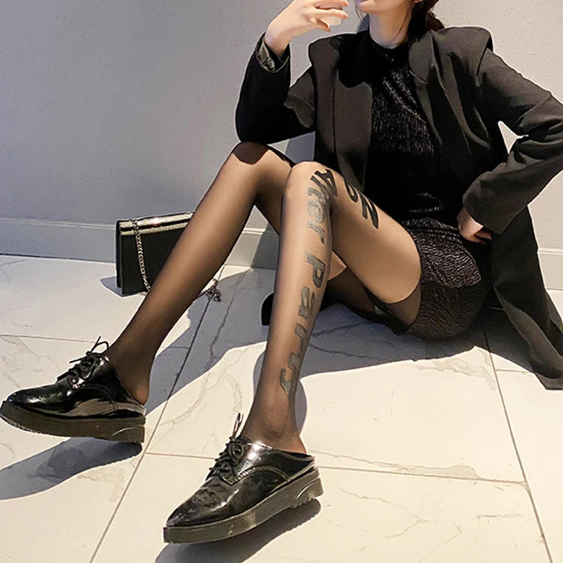 Колготки женские шелковые черные тонкие с рисунком тату буква 1 пара - купить по