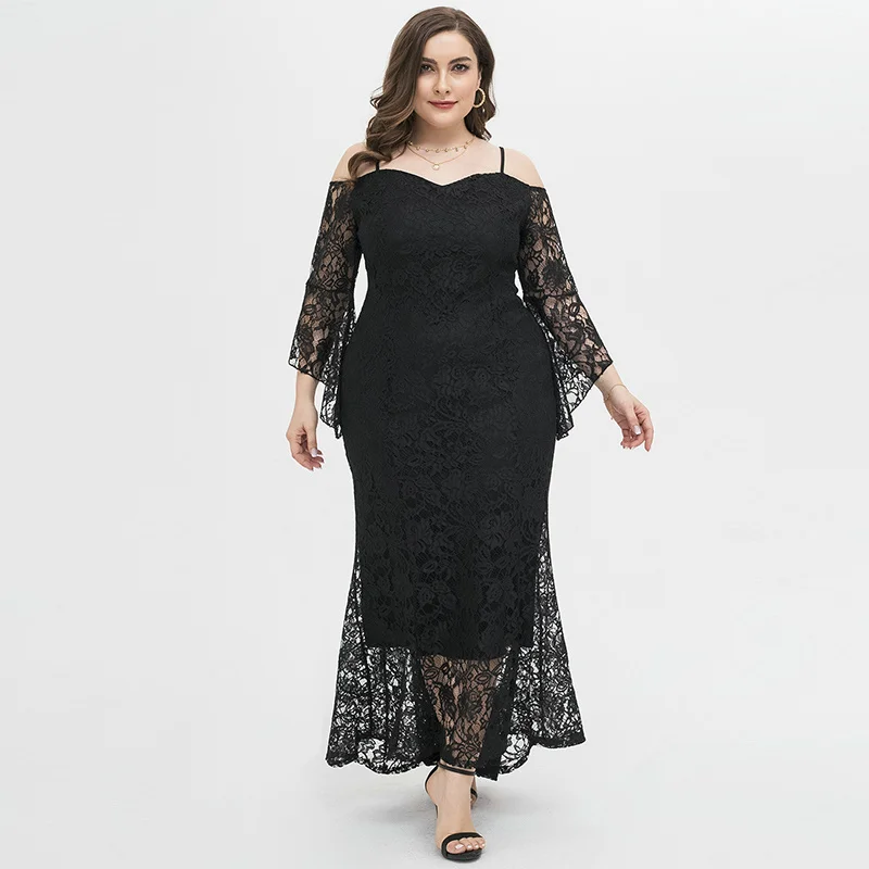 Женское кружевное платье макси с открытыми плечами и длинным рукавом|Женские