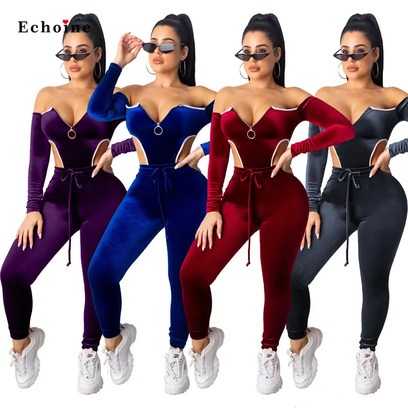 

Женские бархатные облегающие комбинезоны с вырезом лодочкой, сексуальные с открытыми плечами, с длинным рукавом, на молнии, открытая спина, ...