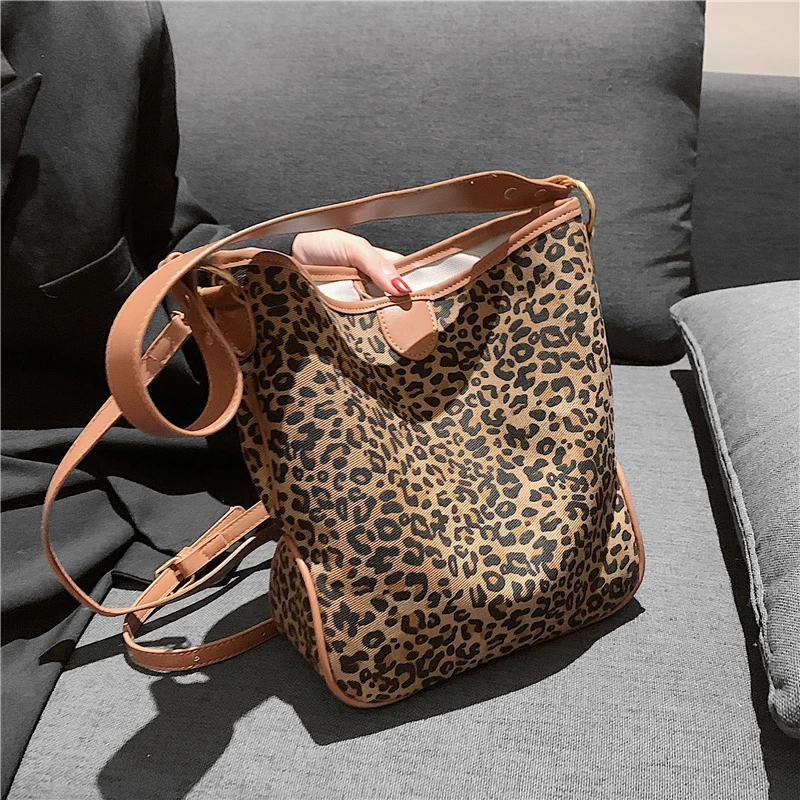 

Luxury Vintage Leopard Print Bucket Canvas Tote Shoulder Bags For Women Brand Designer Crossbody Ladies Handbags Winter 2021