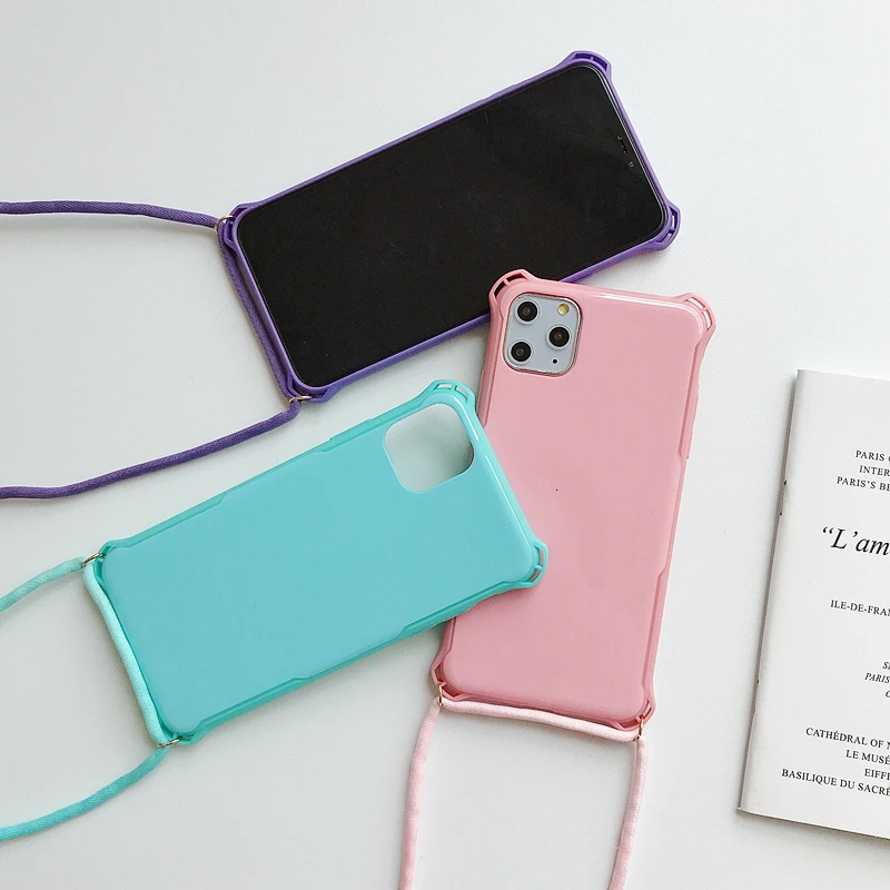 Simple Candy Color Phone Case For iPhone 11 Pro Max XR XS 7 8 Plus Soft Cover Shockproof case With Lanyard Shoulder Strap |
