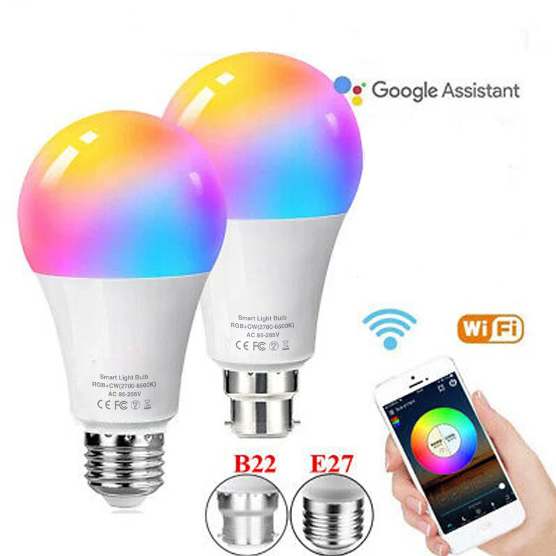 

Wifi Smart LED Bulb 10W E27 B22 E14 RGB CW+WW Color Changing Light Compatible Alexa Google Home Siri Voice Control Lamp