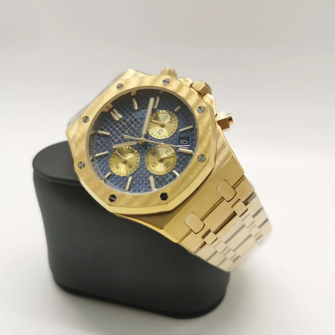 

Hot Sale Mens Watch Yellow Gold Stainless Steel Blue Dial Quartz Movement Chronograph Sapphire Crystal Man Wristwatches