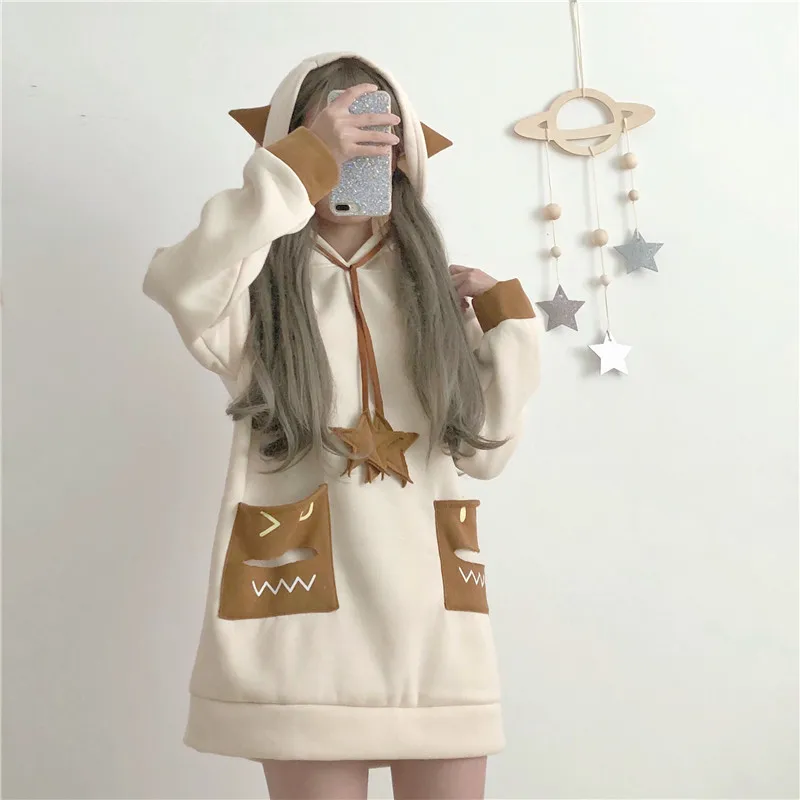 Японские милые уличные модные женские толстовки Harajuku Kawaii Fox Ear толстовка с