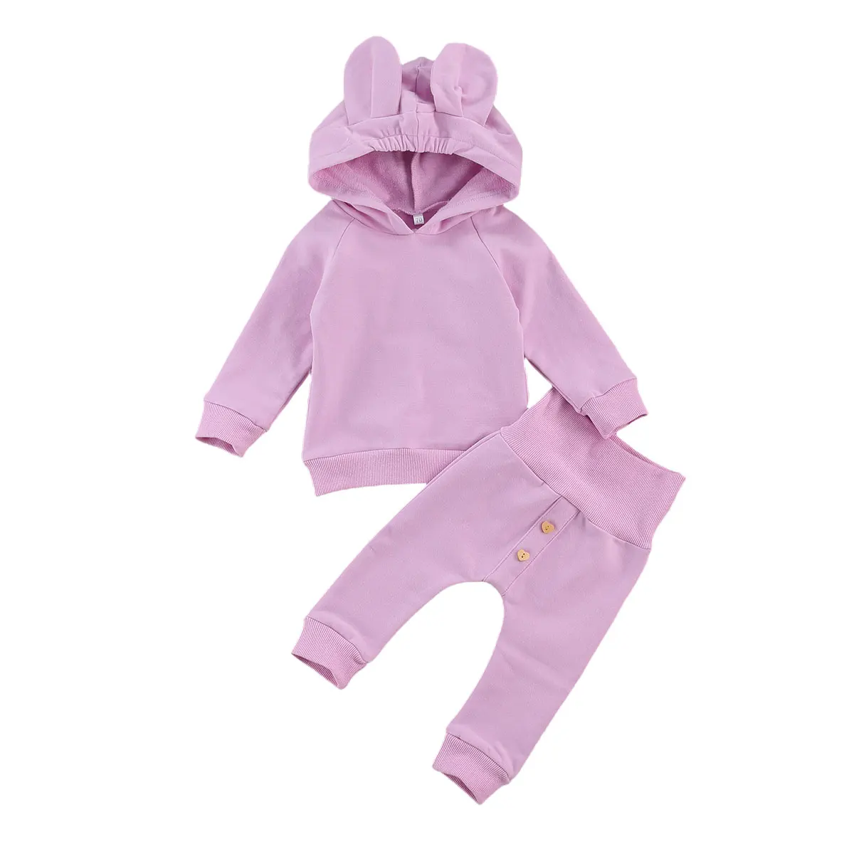 2 Pcs Baby's Casual Suit Solid Color Long Sleeve Hoodie with Cute Ears Loose Button Decoration Trousers Daily Life | Детская одежда