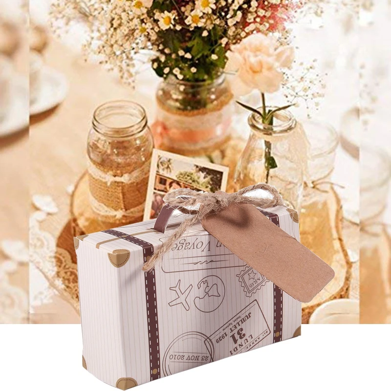 

Hot Sale 50pcs Mini Suitcase Favor Box Party Favor Candy Box, Vintage Kraft Paper with Tags and rope for Wedding/Travel Themed P