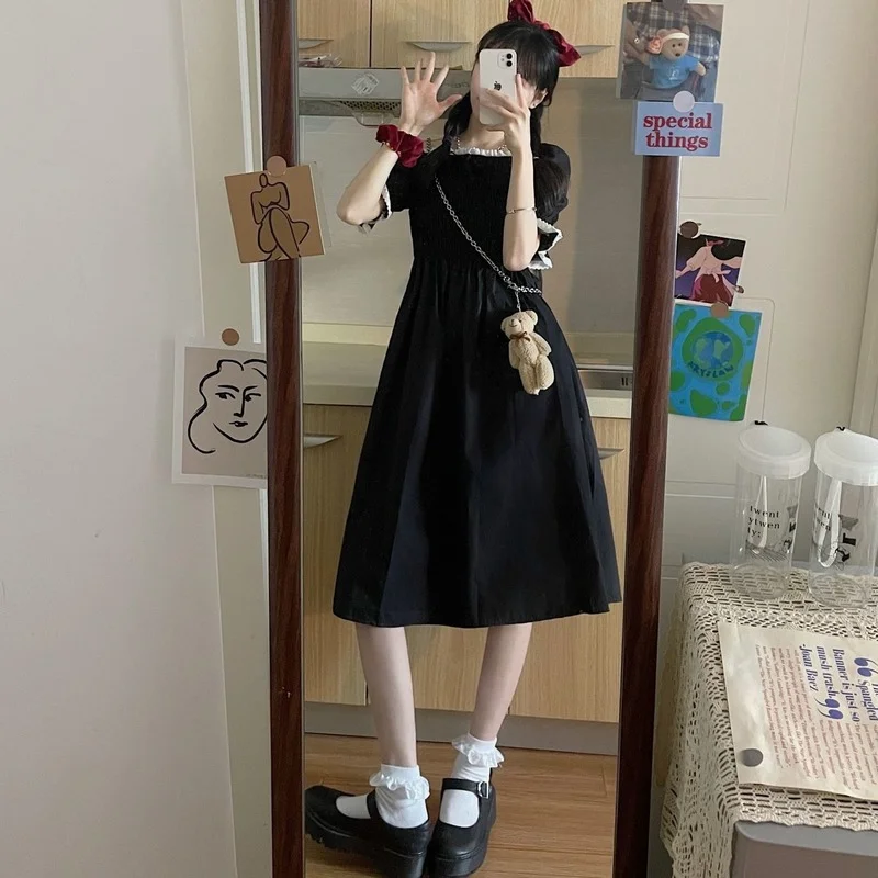 Платье женское черное с пышными рукавами простой Повседневный Сарафан во