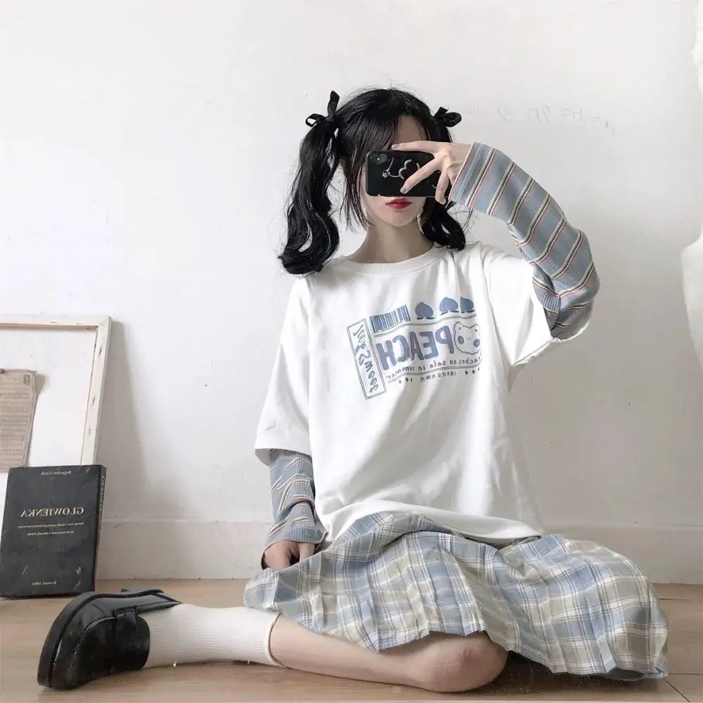 Autumn Winter Woman Hoodie Loose Casual Patchwork fake two pieces Cartoon print female sweatshirts 2020 HOT femmes sweetshirts