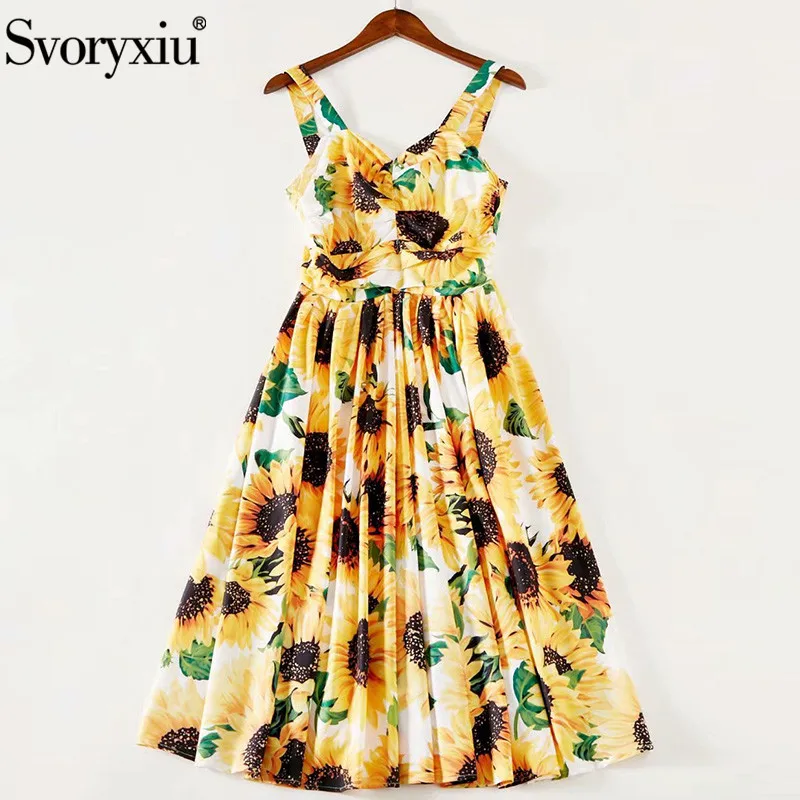 

Женское платье на бретельках Svoryxiu, разноцветное вечернее платье средней длины с принтом подсолнухов, оборками и V-образным вырезом на лето ...
